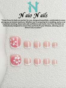 NAIO Set de 10 unghii false de vară, realizate manual, cu presă, pentru unghii de la picioare, scurte, pătrate, roz, albe, franțuzești, cu design 3D cu flori și mărgele aurii, pentru femei și fete, pentru petrecere, purtare zilnică, vine cu trusă de scule, cadou excelent pentru unghiile de doamne, consumabile pentru unghii - Multicolor - Vizualizare 3