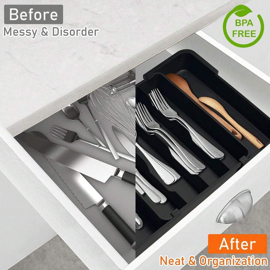 Kitchen Silverware Organizer For Drawer - Expandable Silverware Drawer Organizer Adjustable Utensil Drawer Holder, Flatware Cutlery Organizer For Spoons & Forks Kitchen Storage, Black, S - 黑色 - 查看 1