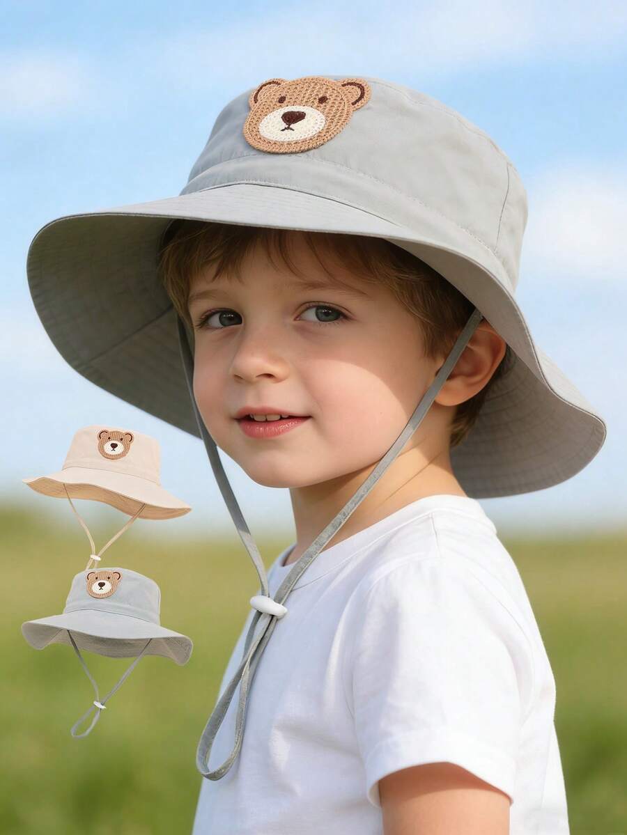 1 pieza Sombrero de ala ancha beige para niños, parche de oso lindo, tela suave y transpirable, cordón ajustable, adecuado para juegos al aire libre y campamento diarios - 1PC - Ver 1