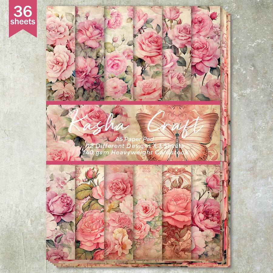 36 tờ giấy A5 họa tiết hoa hồng hồng, nữ thần và chim, thích hợp cho sổ tay Bullet Journal, tranh ghép, thiệp, album ảnh và đồ thủ công. - Hình chữ nhật - Xem 1