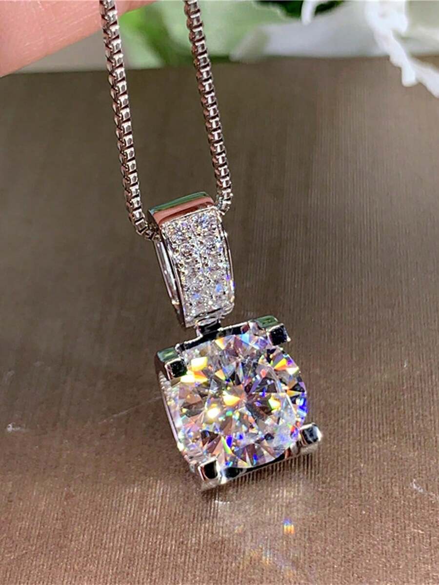 Cubic Zirconia Square Charm Necklace