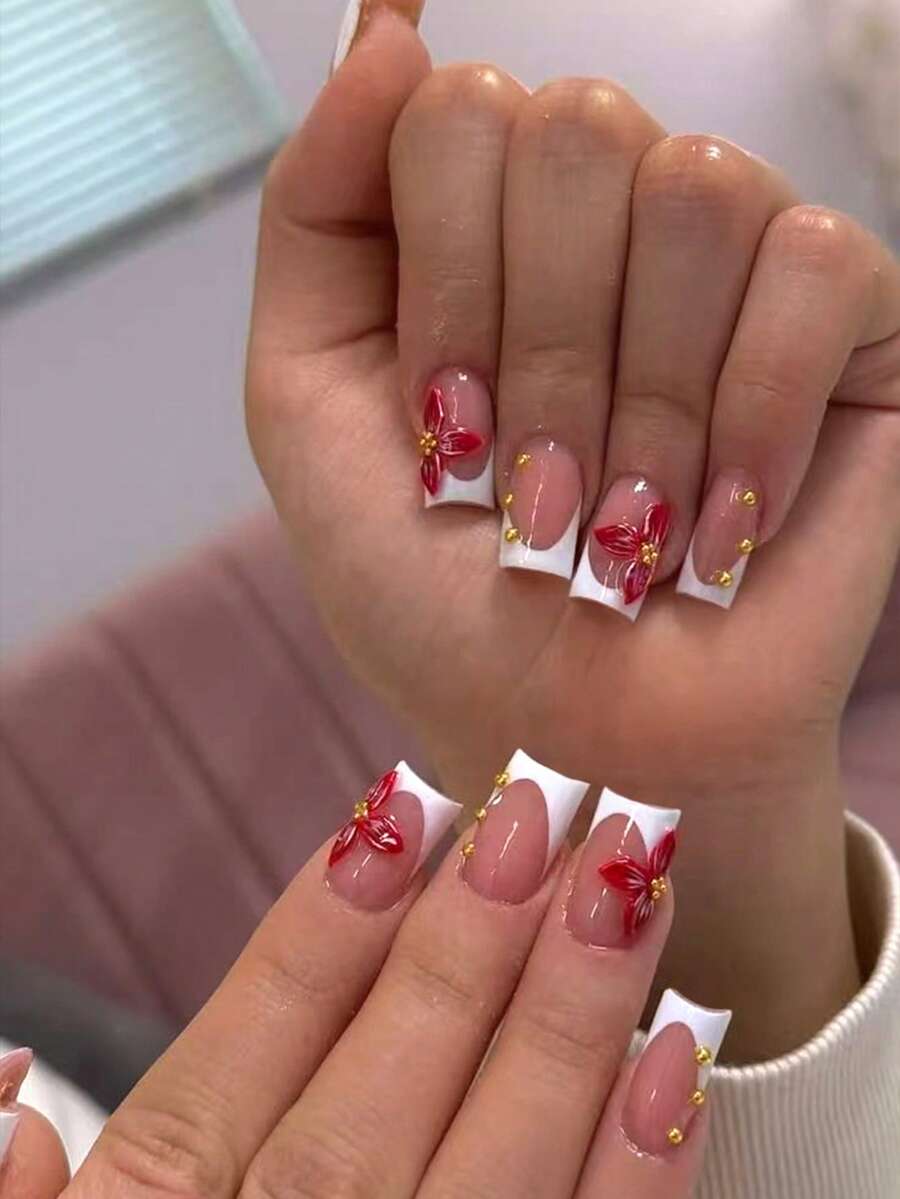 24pcs Short Square 3D Gel Nail Stickers, Pearl Decor Design, Pink French Acrylic Adhesive Nail Stickers, Perfect Fit For Short Nails, Set Includes 1 Jelly Gel And 1 Nail File, Easy To Apply, Suitable For Summer Nails And French Manicure, Ideal For Women And Girls Daily Wear And Parties - Multicolor - View 1