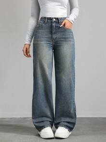 Teen GirlButterfly Embroidered Washed Wide Leg Jeans, Versatile For Daily Wear Or School - Medium Wash - View 2