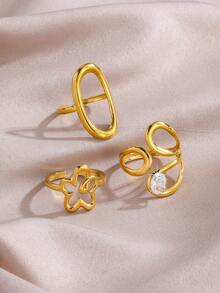 3pcs Set Stainless Steel 18K Gold Plated Minimalist Geometric Line Open Rings, Inlaid Cubic Zirconia, Suitable For Women's Daily Wear - Gold - View 4