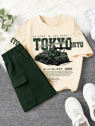 Bộ đồ hè 2 món cho bé trai: Áo thun ngắn tay và quần short, in hình xe hơi và chữ tiếng Anh ngộ nghĩnh, trang phục hè thoải mái mới.