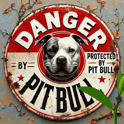 1pc 20x20cm 2D Flat Printed Wooden Sign Board, Vintage Bulldog Guard Warning Design. This Round Wall Decor Features A Lifelike Red And White Dog Portrait, Perfect For Home, Office, Or Bathroom Decoration. Pre-Drilled Holes As Shown In Size Chart.