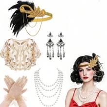 Bộ 5 món: Băng đô lông vũ phong cách retro thập niên 1920, khăn choàng đính sequin, vòng cổ ngọc trai giả, bông tai, găng tay đen - Phụ kiện trang phục cho dạ hội hóa trang, tiệc tùng, váy dạ hội trang trọng, đi biển, kỳ nghỉ, phụ kiện, đồ dùng cần thiết khi đi du lịch. - Nhiều màu - Xem 25