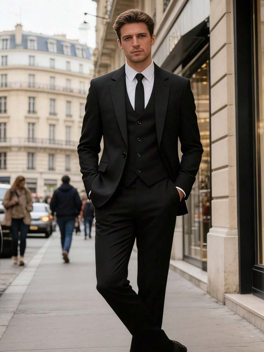 Men's 3 Piece Suit Slim Fit Solid One Button Party Wedding Tuxedo Suits Blazer Jacket Vest Pants Set - 黑色 - 查看 1