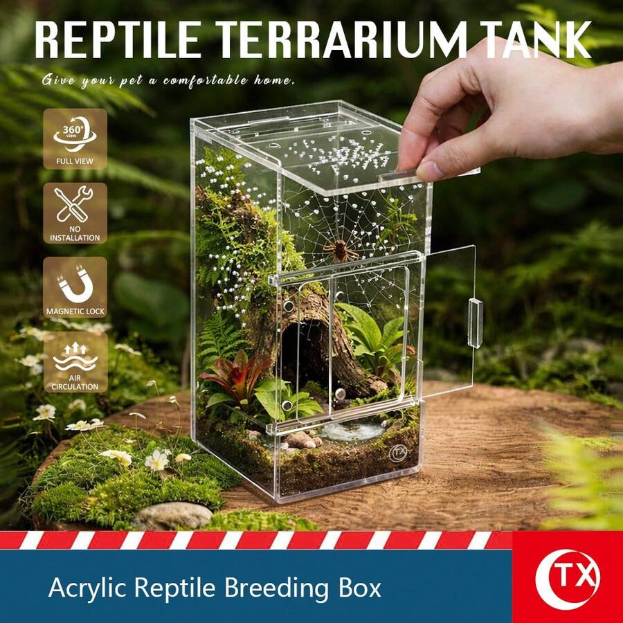 TX 1pc High Transparent Acrylic Jumping Spider Habitat, Reptile Terrarium For Breeding Small Reptiles Or Invertebrates, With Magnetic Top And Front Opening Design, Breathable And Escape-Proof
