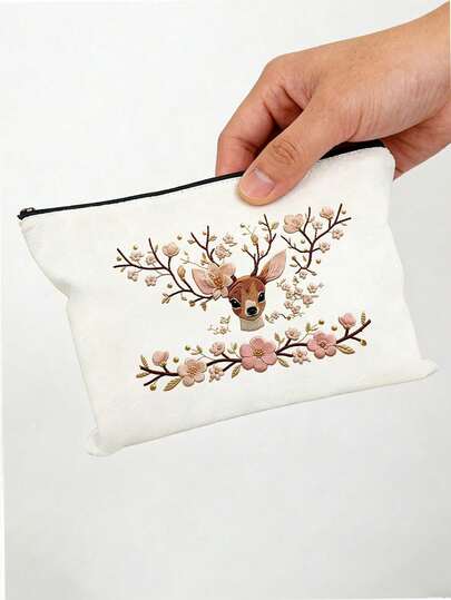 Bolsa de maquillaje con estampado de flores y ciervos 2D, bolsa de cosméticos con cremallera con elegante estampado de animales del bosque y flores, organizador de maquillaje de gran capacidad para el cuidado de la piel, artículos de tocador y accesorios de belleza, bolsa de almacenamiento de cosméticos portátil para bolso, bolso o maleta, perfecta para uso diario, viajes, vacaciones y gimnasio, regalo estético para niñas, mamá y amigos para cumpleaños, Día de la Madre, San Valentín, Navidad