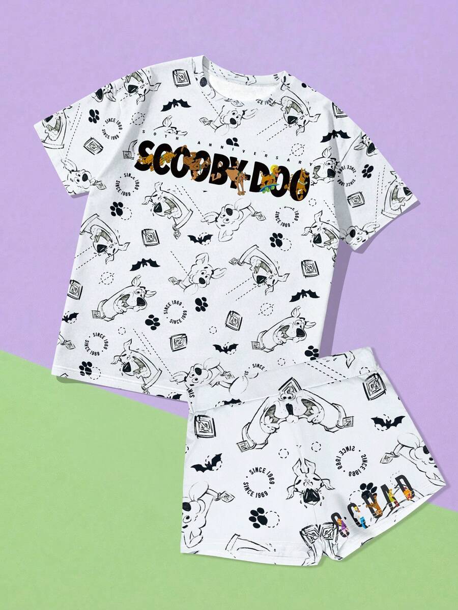 SHEIN X SCOOBY-DOO 女士卡通印花短袖上衣和短裤休闲套装 - 灰色 - 查看 1