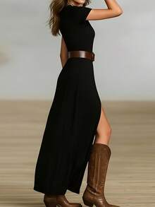 Solid Color Casual Waist Belt Beach Dress Black Elegant Summer - Black - View 5