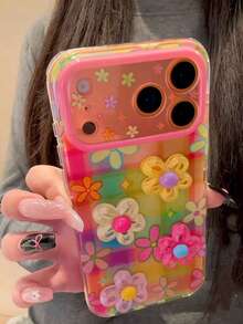 Flower Korean Style Ins Dopamine Colorful Plaid 3D Floral 17 Pro Max Phone Case, Creative Protective Cover Compatible With Apple 15 Pro, 14, 13, 16, 17 Unique Design For Women - Multicolor - View 3