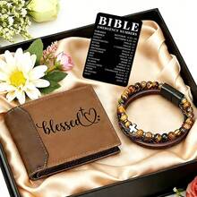 5 Styles Christian Gift Set For Men, PU Wallet & Cross Bracelet With Bible Emergency Numbers Card, Perfect For Birthday, Father's Day, Inspirational Religious Gift For Men - Brown - View 5