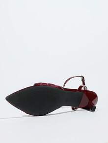Women's High Heels, Suitable For Spring/Summer Parties, Gatherings, Dances, Outdoor Occasions. Fashionable High-End Unique Kitten Heels, Pointed Toe, Shiny Mesh Material, Adjustable Ankle Strap. Elegant, Comfortable, Versatile Formal Wear Sandals, Wine Red Color - Burgundy - View 7