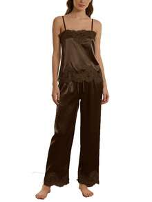 Women's Silk Satin Lace Pajamas Sleeveless Pjs Set 2 Piece Lace Trim Square Neck Spaghetti Strap Cami And Pants Loungewear Sleepwear - Cà phê nâu - Xem 1