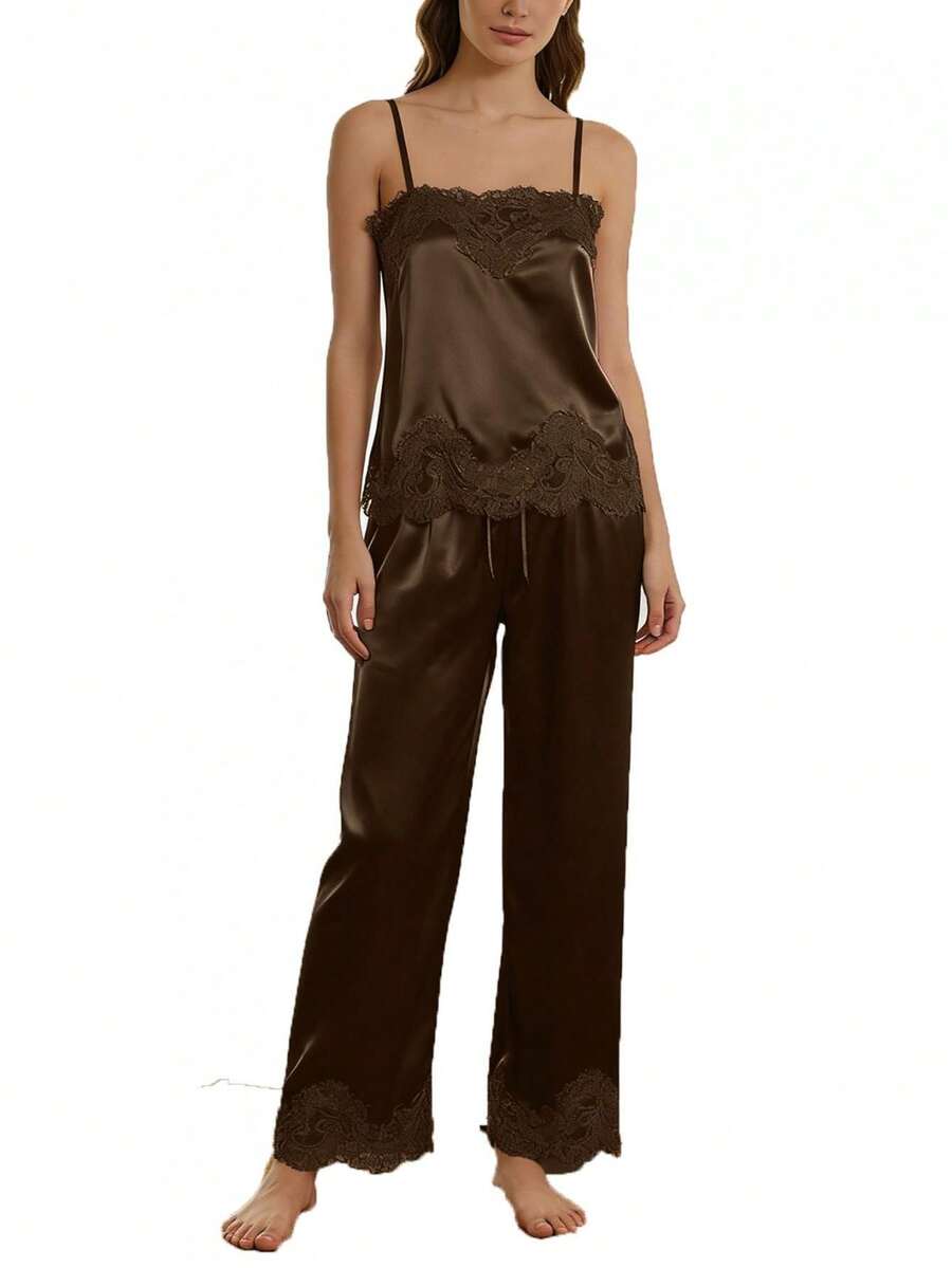 Women's Silk Satin Lace Pajamas Sleeveless Pjs Set 2 Piece Lace Trim Square Neck Spaghetti Strap Cami And Pants Loungewear Sleepwear - Cà phê nâu - Xem 1