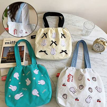 Miffy Towel Embroidery Tote Bag, Cute Casual Canvas Cotton Tote, Featuring Miffy in Dutch Minimalist Style, Soft Towel Fabric, Delicate Embroidery Detail, Durable Sturdy Strap, Lightweight Comfort, Spacious Interior, Everyday Shopery Detail, Durable Sturdy Strap.