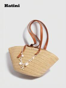 Bolso de playa de paja tejido a mano Hatini, de gran capacidad, con decoración de perlas falsas, estrellas de mar y conchas, estilo de moda europeo y americano de resort, regalo para novia o mejor amiga - Caqui - Ver 4