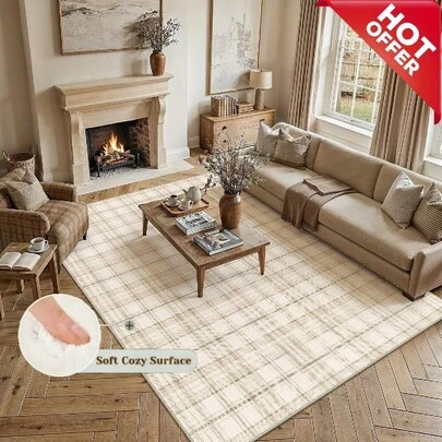 Washable Rugs For Home Living Room, Multiple Sizes Available, Velvet Rectangular Large Indoor Outdoor Area Rug, Non-Shedding Waterproof Stain Resistant Easy Clean, Minimalist Plaid Check Beige Soft Carpet For Patio Deck Porch Bedroom Kitchen Bathroom RV Hallway Garden, Home Decor Rug For Bathroom Accessories