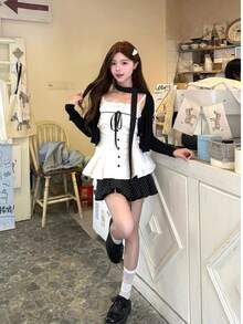 Áo hai dây nữ mới với viền ren và nơ chấm bi, thích hợp cho mùa xuân/hè. - trắng - Xem 3
