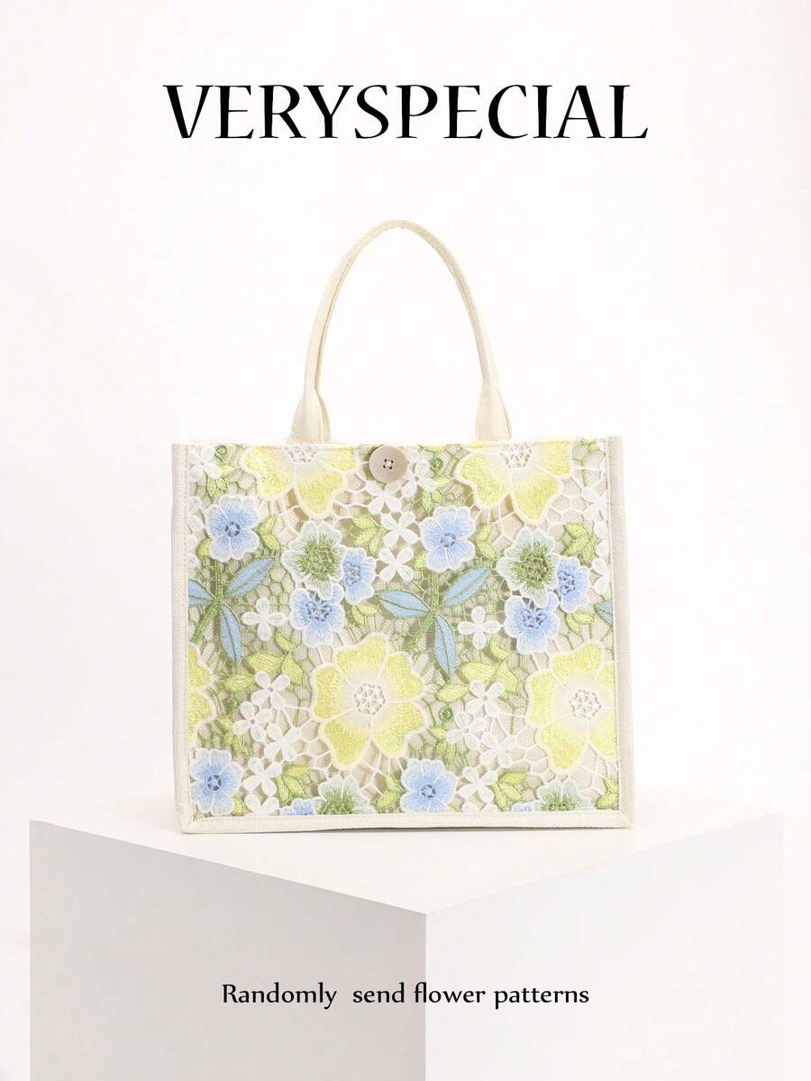 1pc Colorful Sequin & Mesh Patchwork Linen Tote Bag, Fashion Floral & Leaf Embroidery Design, Large Capacity Square Shoulder Bag, Casual Vacation Style Shopping Bag (Floral Pattern Randomly Distributed)