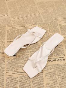 Square Toe High Heel Thong Sandals For Women, Black One-Piece Summer Flip Flops - White - View 5