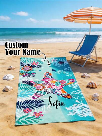 Khăn tắm biển hình sao biển in tên theo yêu cầu - Khăn tắm microfiber hình sao biển hoa lá đáng yêu dành cho mẹ và bé, lý tưởng cho các chuyến đi biển, bơi lội và kỳ nghỉ hè của gia đình.
