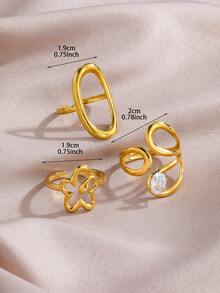 3pcs Set Stainless Steel 18K Gold Plated Minimalist Geometric Line Open Rings, Inlaid Cubic Zirconia, Suitable For Women's Daily Wear - Gold - View 2