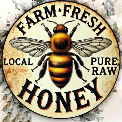 2D Flat - Vintage Round Metal Sign "Farm Fresh Local Pure Natural Honey" - 8.0X8.0 Inch Retro Plaque With Bee Design, Suitable For Home, Kitchen, Bar, Cafe, Garage Decor, And Honey Themed Country Wall Art (Random Hole Position)