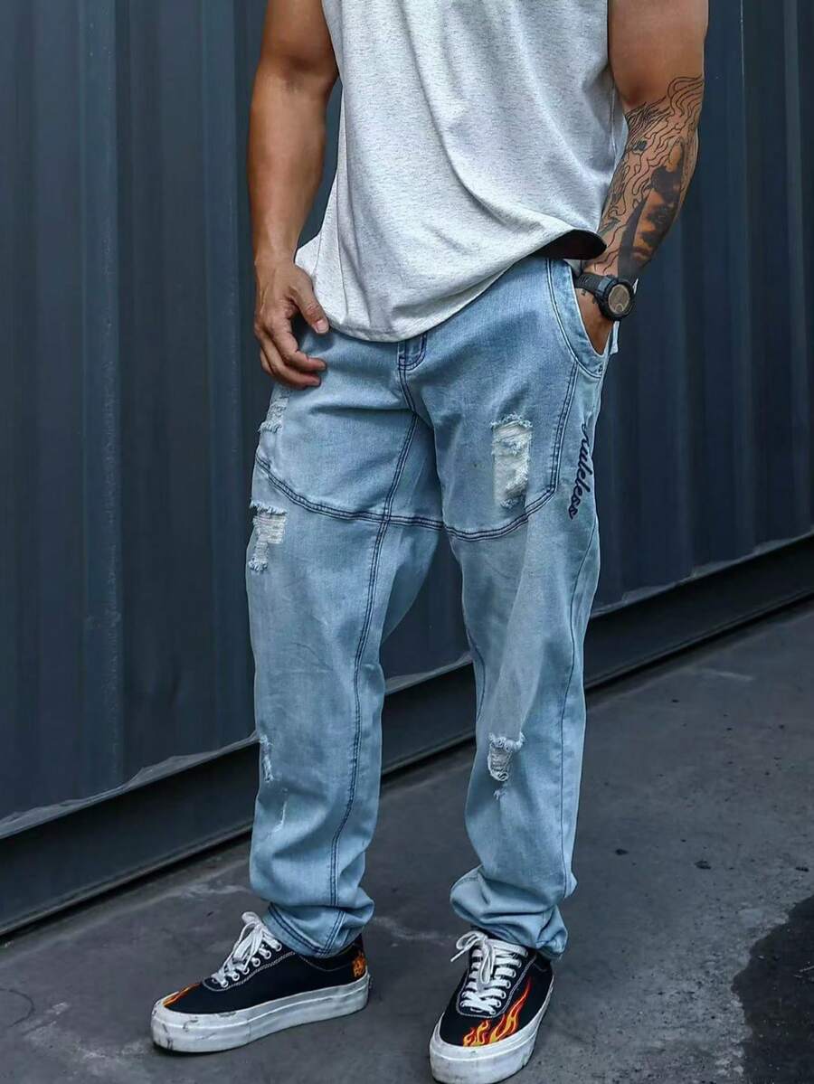 Men's Ripped Distressed Casual Jeans, Suitable For Summer - Medium Wash - View 1