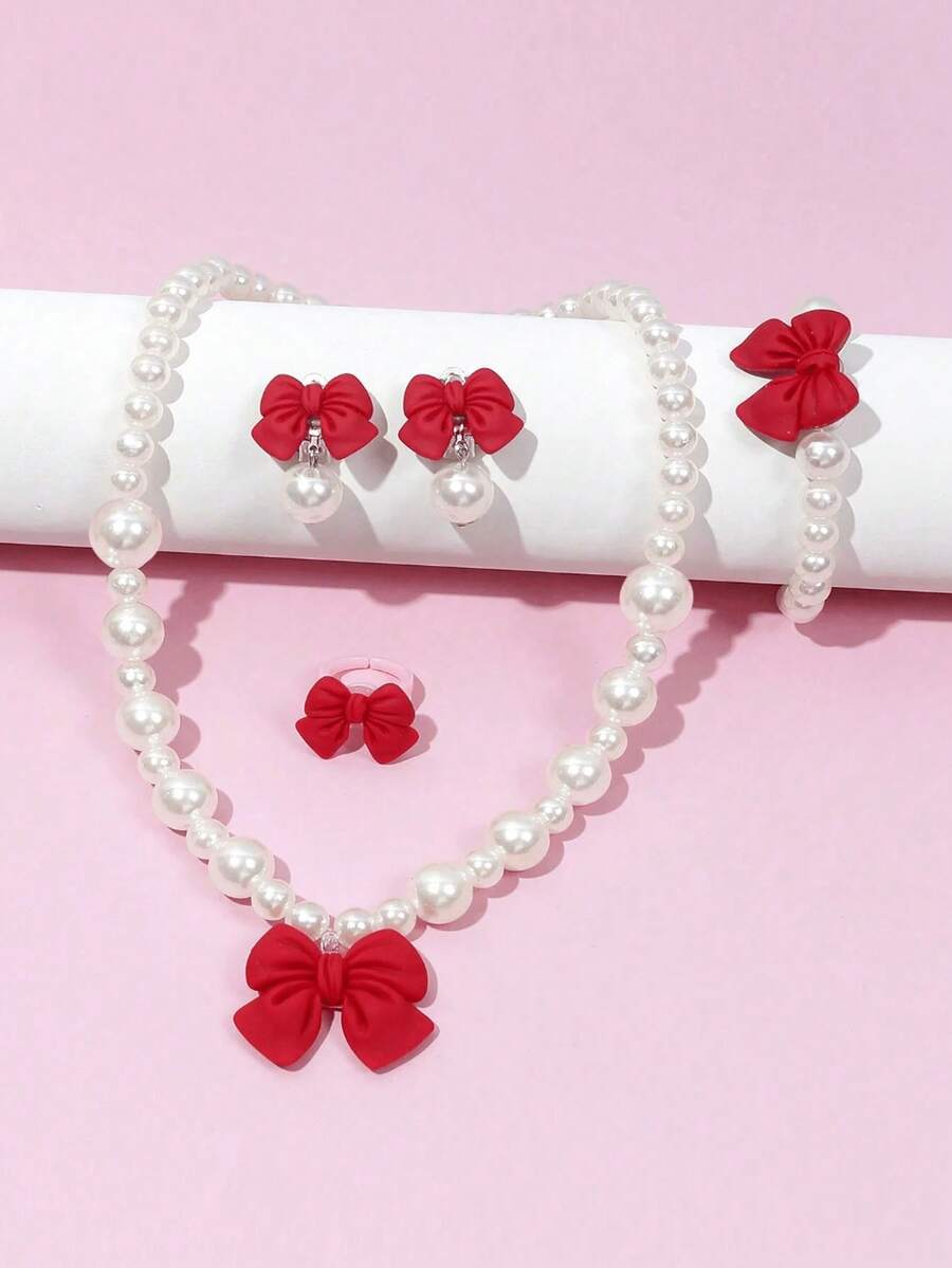 Set de 5 piezas de joyería con moño y perlas para niños, incluye collar, pulsera con cuentas, anillo y aretes, adecuado como regalo de fiesta de cumpleaños o para uso diario de niñas - Unitalla - Ver 1