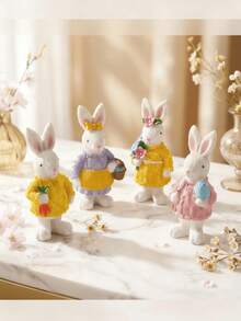 1pc Adorable Rabbit Figurine, Charming Rabbit Sculpture Decorated With Knitted Sweater, Floral Headpiece, Carrot And Basket, Dreamy Easter Spring Home Decor, Farmhouse Style Shelf/Desktop Ornament, Bedroom/Living Room Decorative Gift - Multicolor - View 9