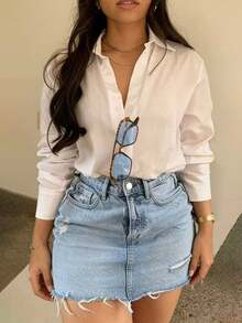 Women's Casual Light-Colored Distressed Denim Mini Skirt Summer - Light Wash - View 1