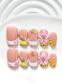 Bộ dụng cụ làm móng nghệ thuật thủ công 10 món phong cách Ombre hoa anh đào nhẹ nhàng, bao gồm bộ móng gel, sao biển vàng, hoa 5 cánh chấm bi hồng thủ công, đá rhinestone 3D bong bóng màu hồng, họa tiết sóng nước vẽ tay, sơn móng tay trắng và vàng, kèm dụng cụ làm móng (1 miếng dán gel + 1 dũa móng), có 3 kích cỡ: vuông, vuông ngắn, hạnh nhân, phù hợp cho tiệc tùng, sử dụng hàng ngày, chụp ảnh, đi làm mùa xuân/hè. - Nhiều màu - Xem 4