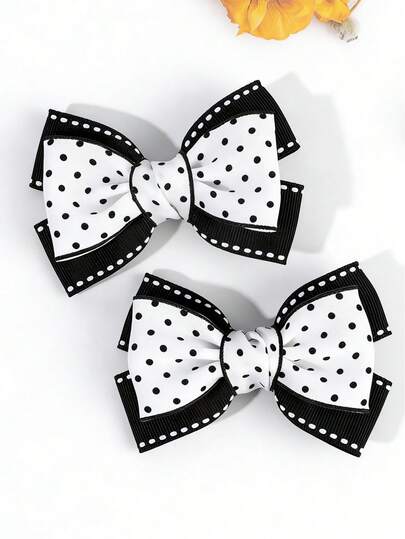 2个装黑白蝴蝶结发夹，圆点图案发卡，涤纶罗缎发夹，青少年发爪，多功能发夹，日常装饰发饰