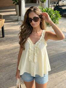 Women's Solid Color Frill Trim Casual Versatile Daily Wear Top Summer - Apricot - View 6