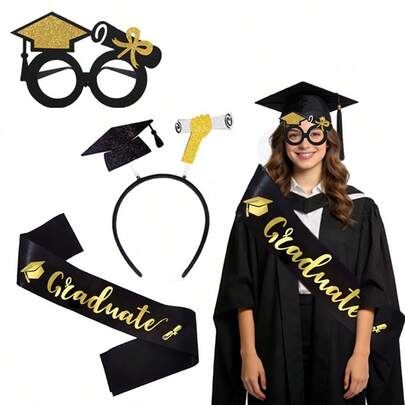 Bộ trang trí tiệc tốt nghiệp 3 món, phụ kiện chụp ảnh tốt nghiệp, bộ phụ kiện mùa tốt nghiệp bao gồm khăn choàng, băng đô và kính, phù hợp cho lễ tốt nghiệp, tiệc tùng, sự kiện dành cho cả nam và nữ.