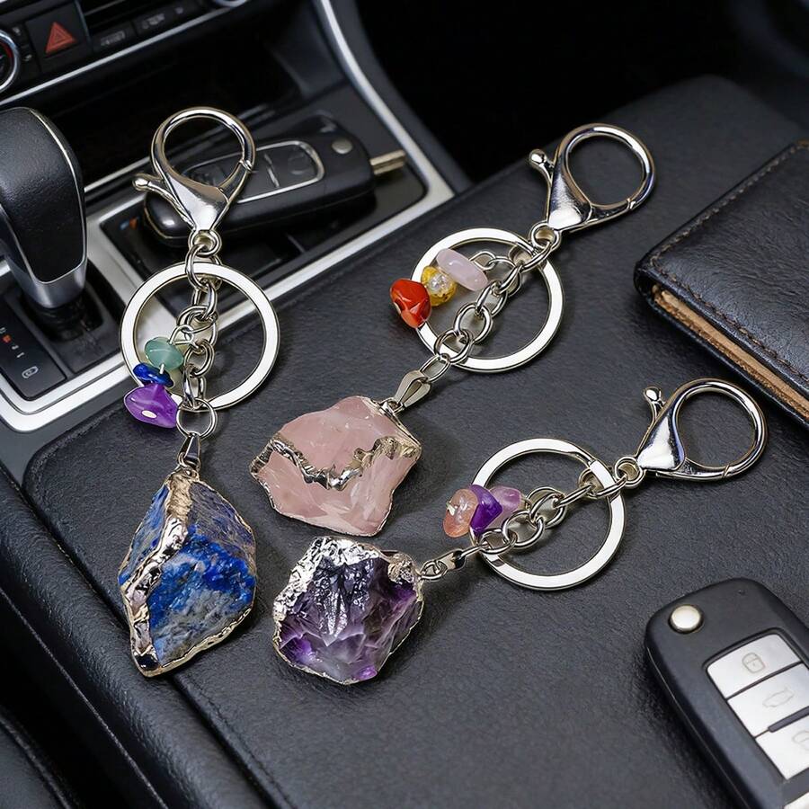 1 Stück Schlüsselanhänger aus Naturedelstein | Bergkristall Rohstein & Amethyst Schlüsselanhänger, DIY Auto Schlüsselring, perfektes Geschenk zum Vatertag & Muttertag