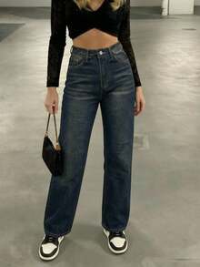 Jeans rectos y sueltos de moda casual y de uso diario para mujer, primavera - Azul Marino - Ver 2