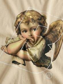 Camiseta de Manga Curta com Gola Redonda, Estampa Gráfica de Letra de Anjo Vintage, Moda de Rua Casual de Verão para Homens FRACTYR - Damasco - Visão 6