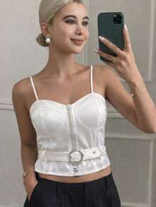 Top de tirantes para mujer ligero casual unicolor de moda con cinturón decorativo y lindos detalles en pedrería sexy para uso diario - Blanco - Ver 2