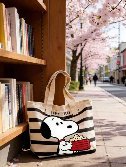 SNOOPY 1 chiếc túi tote vải bố, túi sọc dung tích lớn, thích hợp cho trường học, sử dụng hàng ngày và làm quà tặng, tuyệt vời cho thư viện, học tập, dã ngoại, mua sắm và phối đồ.
