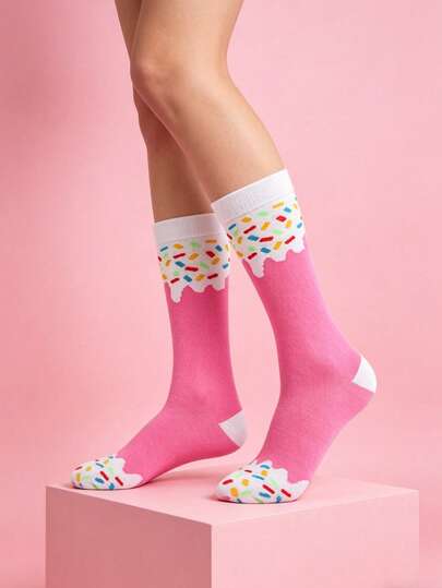 1/5 双装女士多巴胺冰淇淋图案可爱活力时尚百搭休闲中筒袜，适合春、夏、秋季穿着