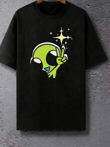 Alien Print Casual Summer Shorts Set ,Men's Summer Casual Short-Sleeved T-Shirt And Drawstring Shorts Two-Piece Set, Versatile, Stylish, Loose And Comfortable Clothing. - 黑色T卹 - 查看 12
