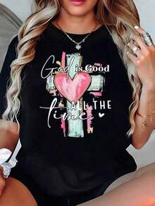 Playera Negra Oversize con Frase "Dios es Bueno" y Cruz de Colores, Camiseta de Fe Cristiana y Corazón, Blusa de Cita Inspiradora y Motivacional, Tops Regalo para Servicio Dominical - Negro - Ver 7