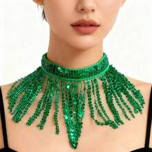 Belly Dance Sequin Fringe Choker Necklace Women Sparkly Tassel Collar Oriental Dance Performance Accessory DS Nightclub Stage Show Costume Jewelry (Multiple Colors Available) - Multicolor - View 11