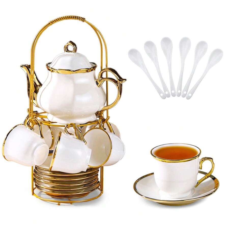 20 Pcs Porcelain Tea Set With Metal Holder, European Ceramic Tea Set For Adults, Tea Set Gift For Party (White)