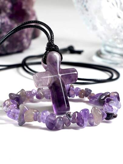 Bộ trang sức đá tự nhiên gồm 2 món: dây chuyền mặt thánh giá đá thạch anh tím tự nhiên và vòng tay đá vụn màu tím, quà tặng đôi, quà tặng ngày lễ.