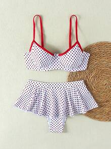 2026春夏女式白红波点荷叶边比基尼，撞色性感两件式泳衣，适合海滩度假、优雅装扮、假日穿搭、户外上衣、多功能健身服 - 紅白色 - 查看 3